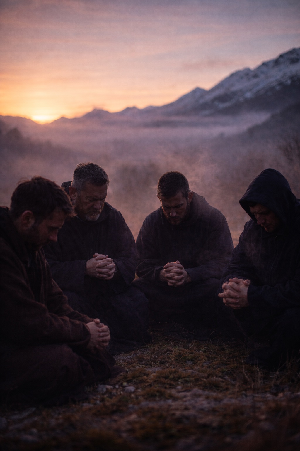 Men praying together outdoors, symbolizing priestly intercession.